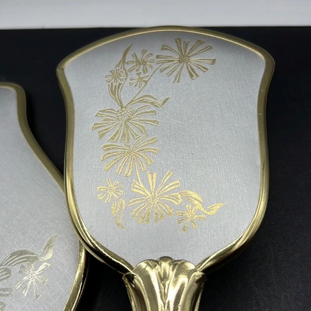 Vintage flower vanity hand mirror and brush
